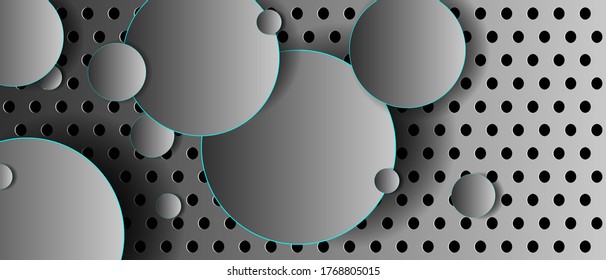 Resumen del fondo de la tecnología metálica 3d con azul neón brillante una composición de patrón de círculo combinado. Diseño moderno de plantillas vectoriales de cubierta oscura