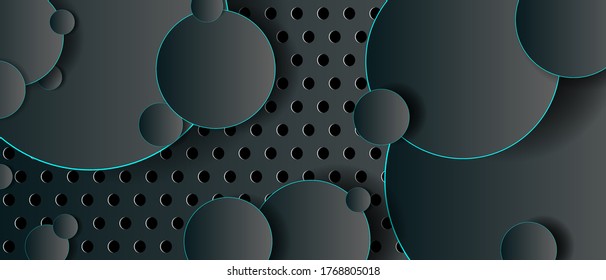 Abstract 3d metallic technology background with neon light blue glowing a combination circle pattern composition. Modern dark cover vector template design