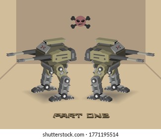 Resumen robots bípedos militares 3D con armas duplicadas en dos proyecciones Primera parte