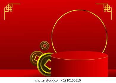 Abstract 3D minimal mockup scene. Geometry red podium shape with coin and golden ring for show product display to celebrate Chinese new year. 3D vector with a Chinese pattern. 