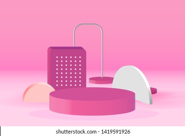 Abstract 3D minimalism podium and block vector composition with pink pastel color, gradient pink background and white floor. Platform for product display - Vector
