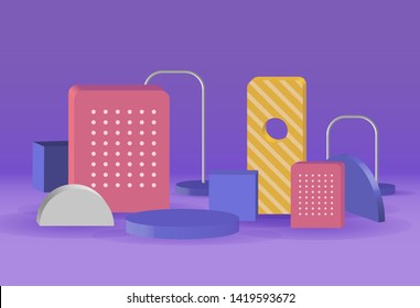 Abstract 3D minimalism podium and block vector composition with purple, peach, yellow pastel color, gradient purple background and floor 