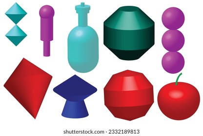 Resumen conjunto de iconos de modelos 3d, iconos de elementos 3d fácilmente modificables, ilustración de arte vectorial