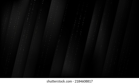 Resumen del patrón de capa de rayas diagonales negras modernas 3D con puntos dorados brillando elementos en el fondo oscuro. Ilustración del vector