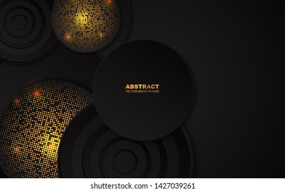 Abstract 3d modern cover design background with black circle and golden glitters pattern. Vector template for use frame, cover, banner, card, presentation, advertising, corporate