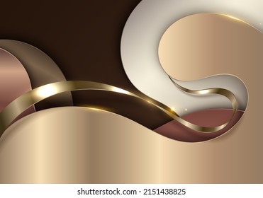Abstract 3D modern luxury banner design template golden fluid wave paper cut with gold ribbon lines on brown background. Vector graphic illustration