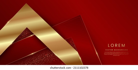 Abstract 3d modern luxury template red color and gold arrow background with golden glitter line light sparkle. Vector illustration