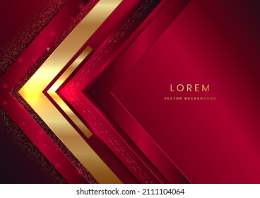 Abstract 3d modern luxury template red elegant color and gold arrow background with golden glitter line light sparkle. Vector illustration