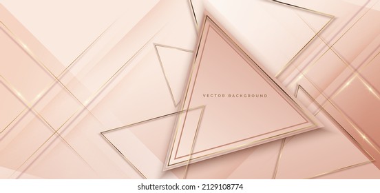 Abstract 3d modern luxury template triangles shape on soft pink background with golden glitter line light sparkle. Vector illustration