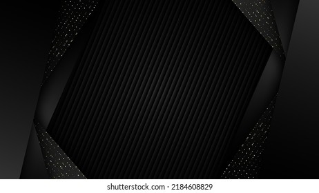 Abstrakte 3D-moderne Luxus-Vorlage schwarze Streifen und goldene Punkte glitzern auf dunklem Hintergrund. Vektorgrafik