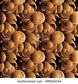 Abstract 3d modern monochrome vector seamless pattern background wallpaper illustration with volumetric surface fruits, leaves, pomegranates.Decor elements with shadows  and highlights.Endless texture