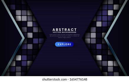 Abstract 3D navy blue techno background with metallic lines. Overlap layer on dark space with random square decoration. Modern graphic design template for poster, flyer, brochure, or landing page