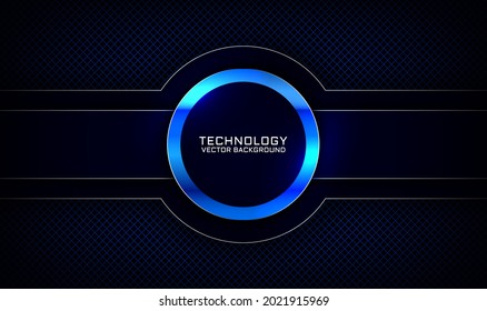 Resumen de capas de fondo 3D de color azul marino tecno superpuestas en el espacio oscuro con decoración de efecto de metal circular. Moderno concepto de estilo futuro de elemento de plantilla para volante, tarjeta, portada, folleto o página de inicio