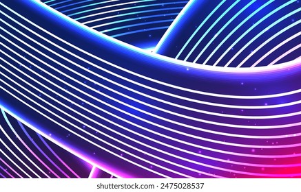 Abstract 3D neon stripes light lines glowing in ultraviolet light. Bright blue purple violet pink light lines. Futuristic ultraviolet wallpaper. Dynamic shape, modern sci-fi fantasy. Science Vector.