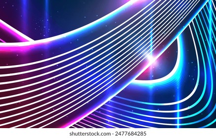 Abstract 3D neon stripes light lines technology background. Technology digital futuristic concept glow neon colors lines. Futuristic ultraviolet wallpaper. Sci-fi fantasy. Science tech Vector EPS10.