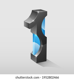 Abstract 3d number "1" with blue glass decor on a light background.