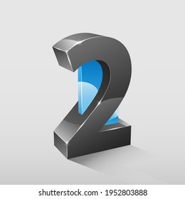Abstract 3d number "2" with blue glass decor on a light background.