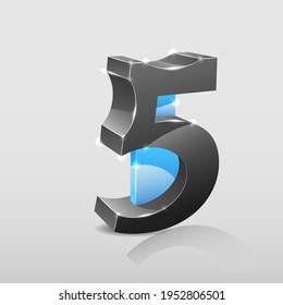 Abstract 3d number "5" with blue glass decor on a light background.