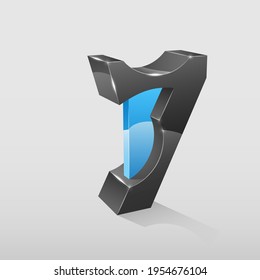 Abstract 3d number "7" with blue glass decor on a light background.