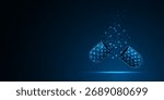 Abstract 3D opened medical capsule, drug in geometric low poly wireframe design. Open pill antibiotic and vitamin. Glowing blue banner. Vector illustration.