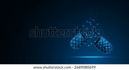 Abstract 3D opened medical capsule, drug in geometric low poly wireframe design. Open pill antibiotic and vitamin. Glowing blue banner. Vector illustration.