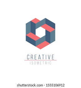 Abstract 3D optical illusion logo template for your company. Isometric design element. Vector hexagonal or cube shape. Geometrical conceptual identity. Stock Vector illustration isolated on white