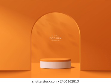 Abstract 3D orange cylinder pedestal podium background with leaf shadow in arch gate. Product display mockup presentation. Pastel minimal wall scene. Stage showcase. Platforms vector geometric design.