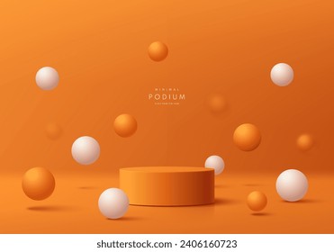 Abstract 3D orange cylinder podium pedestal background with white bounce sphere balls wall scene. Minimal mockup or product display presentation, Stage for showcase. Platforms vector geometric design.