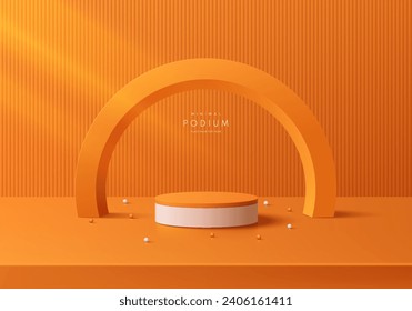 Abstract 3D orange cylinder podium pedestal background with arch backdrop and sphere ball wall scene. Minimal mockup or product display presentation, Stage showcase. Platforms vector geometric design