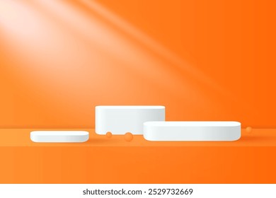 Abstract 3D orange podium background. Modern minimalist mockup for product display presentation. Realistic orange cylinder pedestal podium. Geometric stage showcase with copy space. 