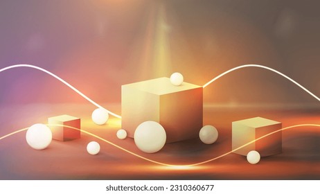 Abstract 3D orange scene with squares podiums, decorated spheres and neon orange wave line lasers . Scene for your product presentation. Vector geometric platform.