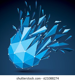 Abstract 3d origami figure with connected white lines and dots. Vector low poly shattered design element with fractures and particles. Explosion effect demolished blue shape.