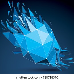 Abstract 3d origami figure with connected white lines and dots. Vector low poly shattered design element with fractures and particles. Explosion effect demolished blue shape.