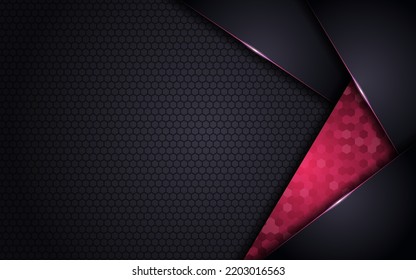 Abstract 3D Overlap Shapes Modern Dark Textured Hexagon Background with Glowing Pink Line