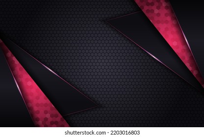 Abstract 3D Overlap Shapes Modern Dark Textured Hexagon Background with Glowing Pink
