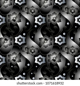 Abstract 3d paisley seamless pattern. Dark black vector floral background. Modern wallpaper. Decorative flourish ornaments with surface paisley flowers, polka dots. Creative ornate design with shadows