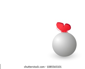 Abstract 3D paper butterfly and ball. Lonely red butterfly. Cut-out from paper. Vector illustration.