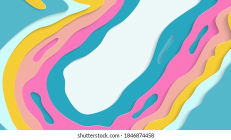 Abstrakte 3D-Papierschnitzerkunst. Farbiger Hintergrund mit gewelltem Papierhandwerk. Künstlerische Vektorgrafik schneidet Formen mit realistischem Schatten aus. Helle Schnittstruktur. Nachahmung der Topographie.