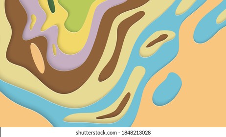 Abstract 3D paper cut art. Colorful background  with wavy layered paper craft. Artistic vector cut out shapes with realistic shadow. Bright carving texture. Topography relief imitation.