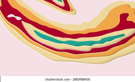 Abstract 3D paper cut art. Colorful background  with wavy layered paper craft. Artistic vector cut out shapes with realistic shadow. Bright carving texture. Topography relief imitation.