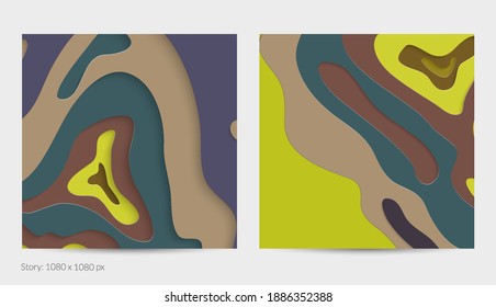 Abstract 3D paper cut art. Colorful background  with wavy layered paper craft. Artistic vector cut out shapes with realistic shadow. Bright carving texture. Topography relief imitation.