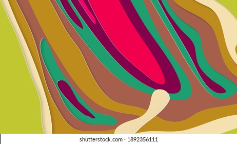 Abstract 3D paper cut art. Colorful background  with wavy layered paper craft. Artistic vector cut out shapes with realistic shadow. Bright carving texture. Topography relief imitation.