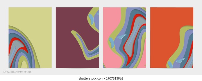 Abstract 3D paper cut art. Colorful background  with wavy layered paper craft. Artistic vector cut out shapes with realistic shadow. Bright carving texture. Topography relief imitation.