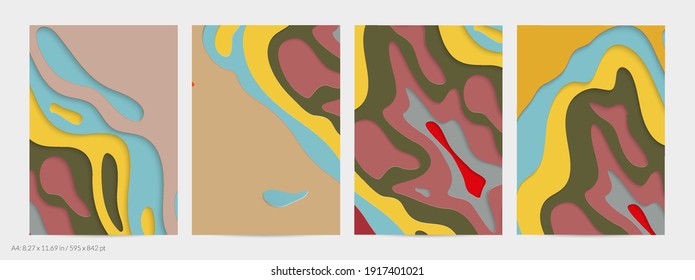 Abstract 3D paper cut art. Colorful background  with wavy layered paper craft. Artistic vector cut out shapes with realistic shadow. Bright carving texture. Topography relief imitation.