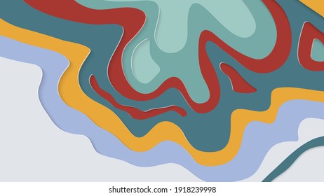 Abstract 3D paper cut art. Colorful background  with wavy layered paper craft. Artistic vector cut out shapes with realistic shadow. Bright carving texture. Topography relief imitation.