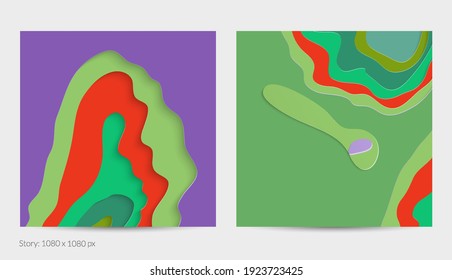 Abstract 3D paper cut art. Colorful background  with wavy layered paper craft. Artistic vector cut out shapes with realistic shadow. Bright carving texture. Topography relief imitation.
