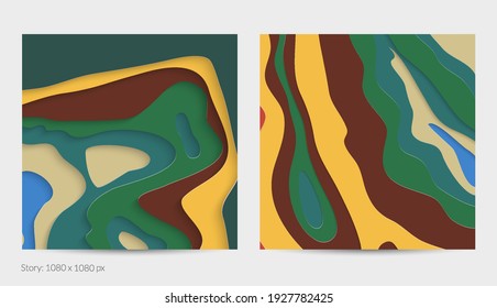 Abstract 3D paper cut art. Colorful background  with wavy layered paper craft. Artistic vector cut out shapes with realistic shadow. Bright carving texture. Topography relief imitation.