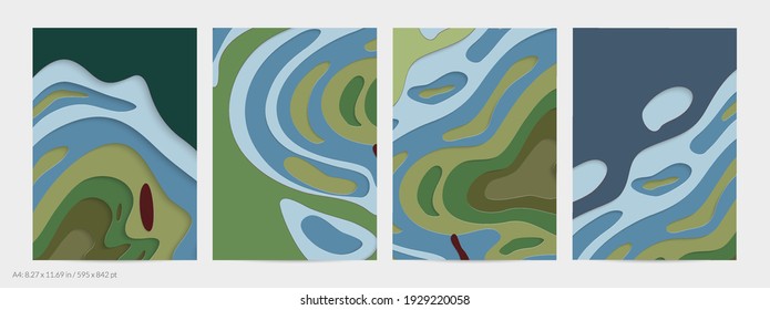 Abstract 3D paper cut art. Colorful background  with wavy layered paper craft. Artistic vector cut out shapes with realistic shadow. Bright carving texture. Topography relief imitation.