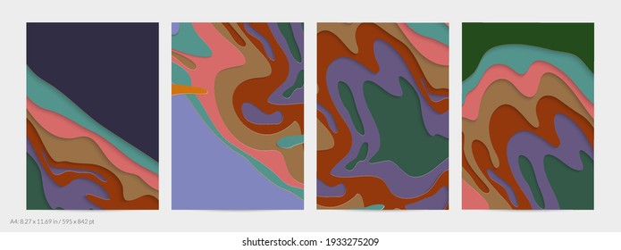 Abstract 3D paper cut art. Colorful background  with wavy layered paper craft. Artistic vector cut out shapes with realistic shadow. Bright carving texture. Topography relief imitation.