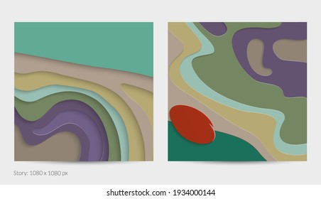 Abstract 3D paper cut art. Colorful background  with wavy layered paper craft. Artistic vector cut out shapes with realistic shadow. Bright carving texture. Topography relief imitation.